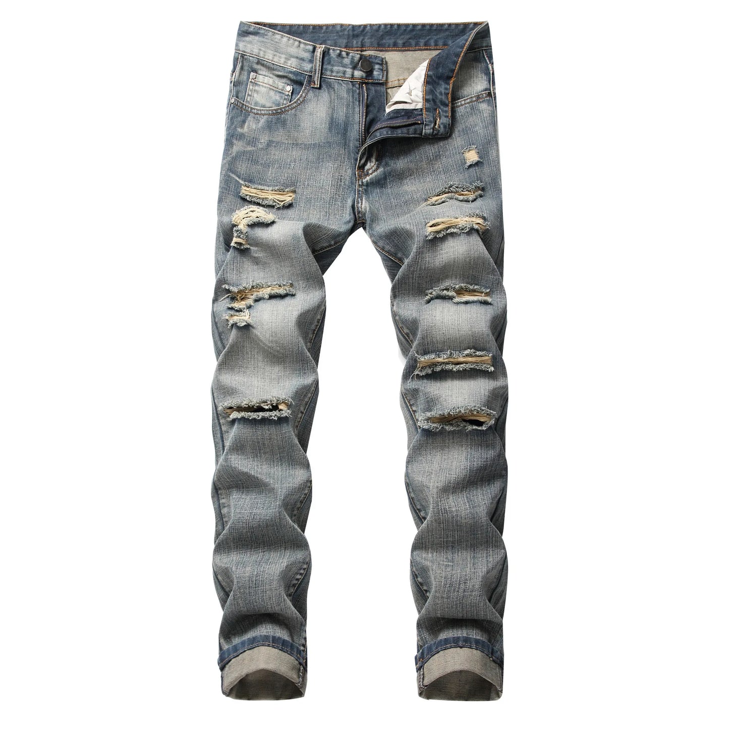 Mens Denim Ripped Straight Jeans for Casual Wear
