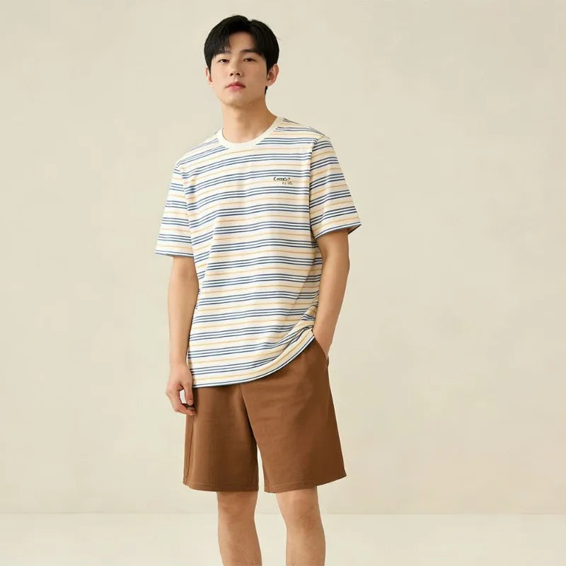 Men's Modal Loungewear Set Striped Short Sleeve T-shirt and Shorts Casual Summer Pajamas