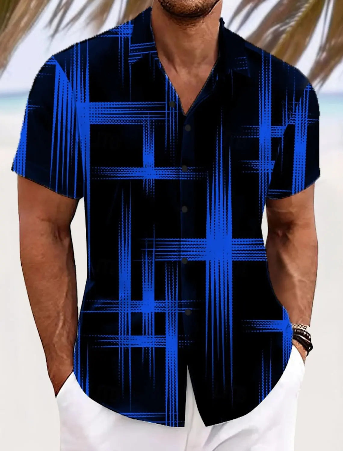 Men's Short Sleeve Geometric Plaid Hawaiian Shirt
