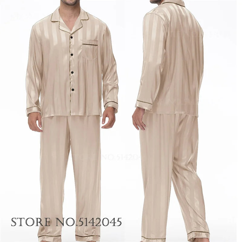 Men Pajamas Sleepwear 2PCS Set Navy Blue Stripes Long Sleeve Trouser Suits Home Clothes Male Loose Silk Satin Pijamas Loungewear