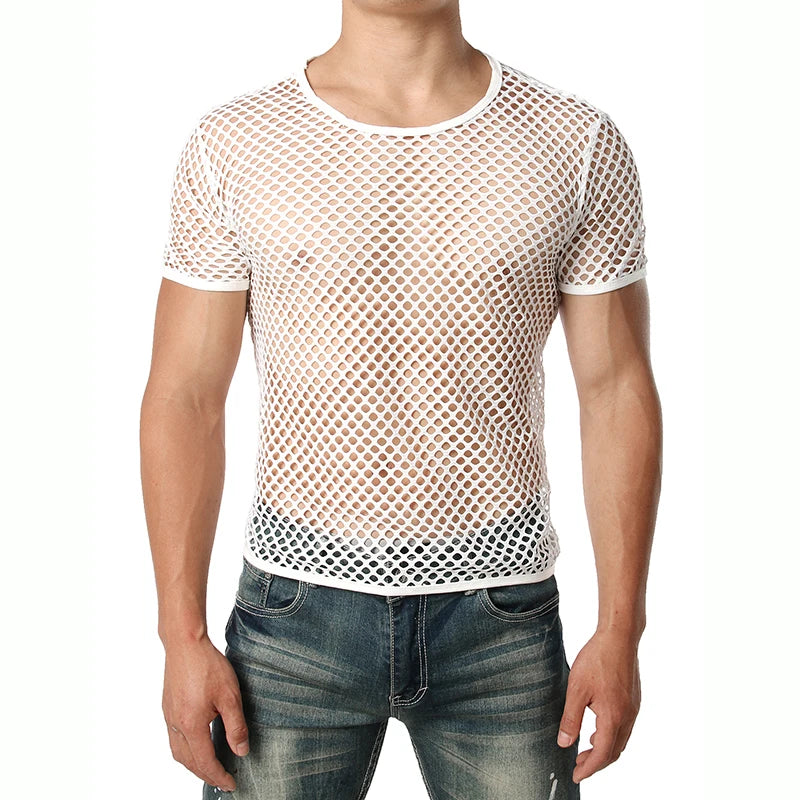 Mens Transparent Sexy Mesh T Shirt  New See Through  Fishnet Long Sleeve Muscle Undershirts Nightclub Party Perform Top Tees