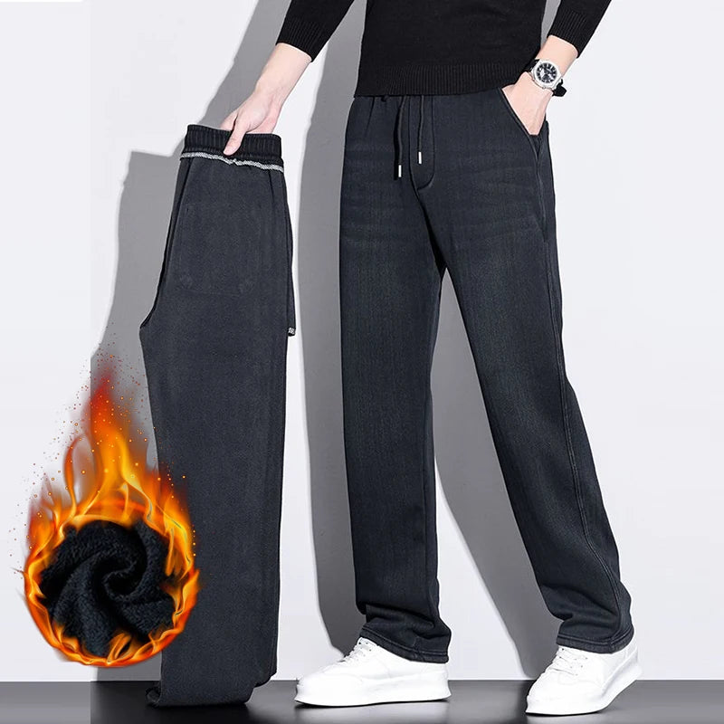 Men's Casual Fleece Thick Jeans Versatile Trendy Retro Elastic Washed Denim Pants Daily Outdoor Loose Cozy Fashion Male Trousers