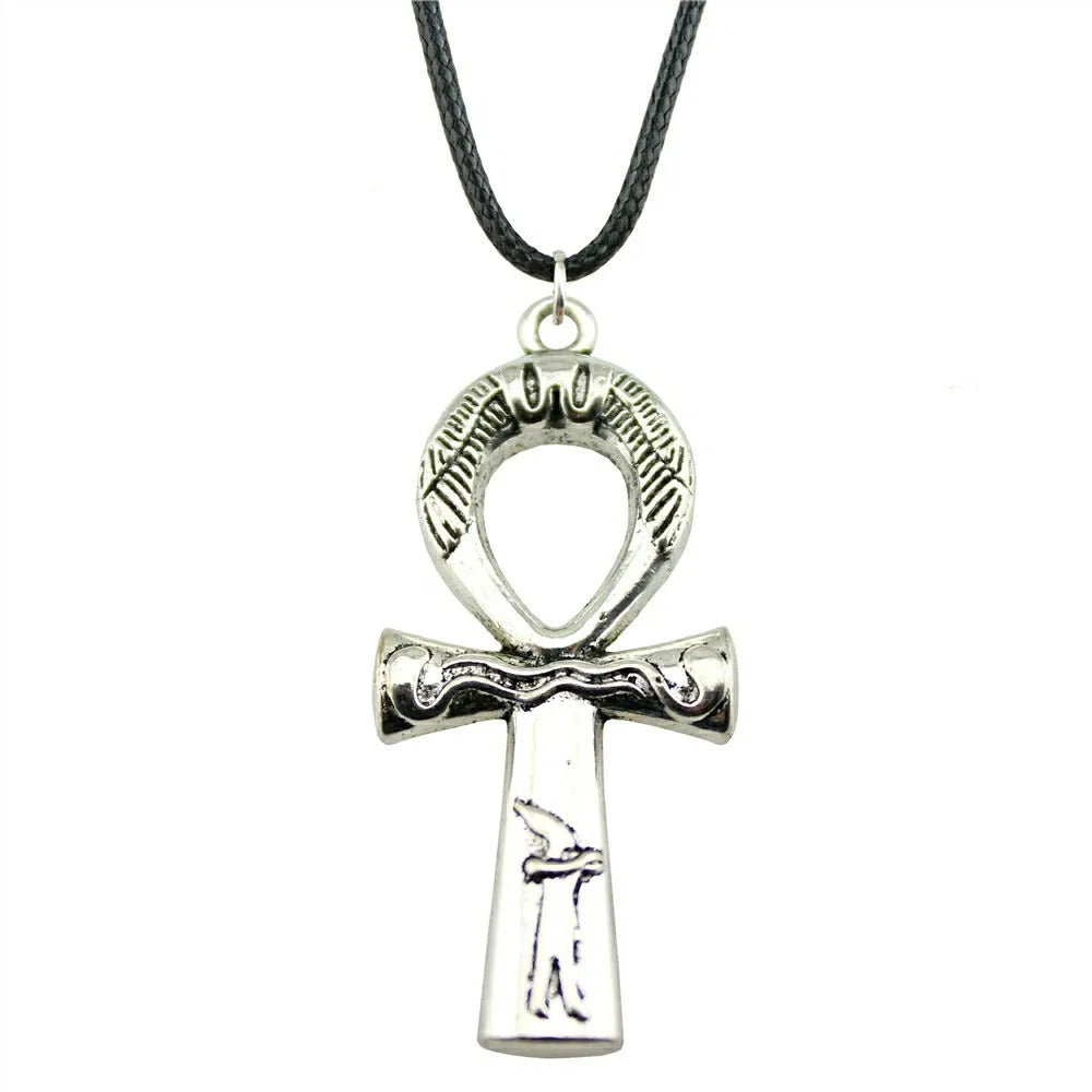 Egypt Ankh Cross Necklace Pendant Black Leather Chain Necklace