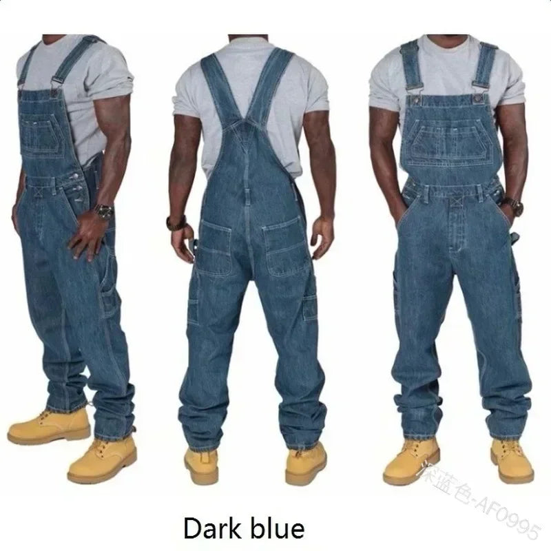 Casual Men’s Denim Overalls with Pockets and Elastic Waist