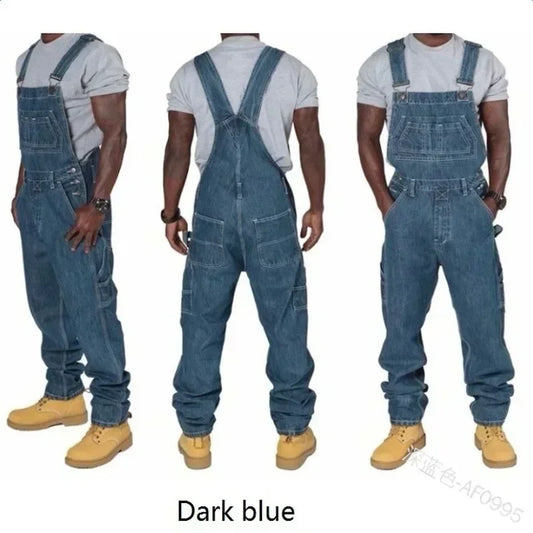 Casual Men’s Denim Overalls with Pockets and Elastic Waist