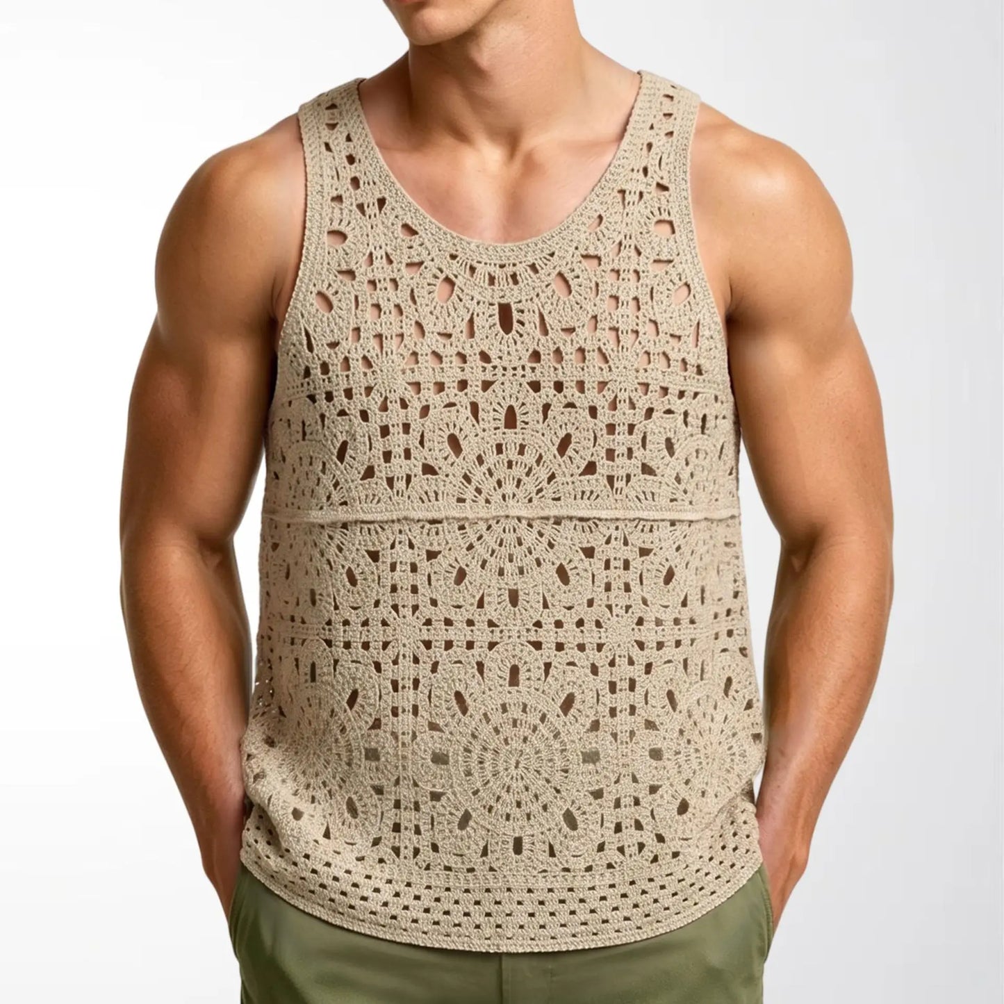 New Summer Men Sexy Mesh Tank Tops Transparent Fishnet Tops Male Vintage Knitted Sleeveless Tops Hollow Out Sports Fitness Tees