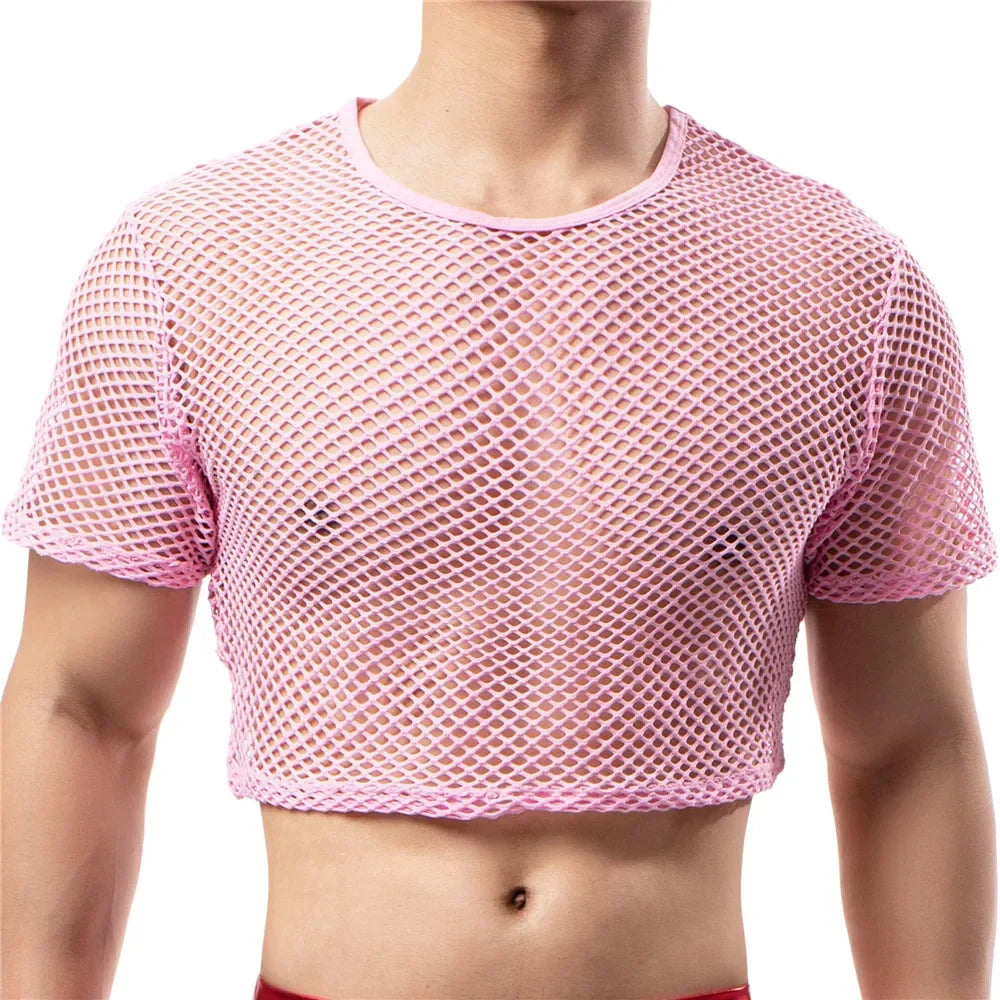 Sexy Mens Undershirts Short Sleeve Transparent Mesh Crop Tops Fishnet Hollow Out T Shirts Sport Nightclub Muscle Sheer Tees Tops