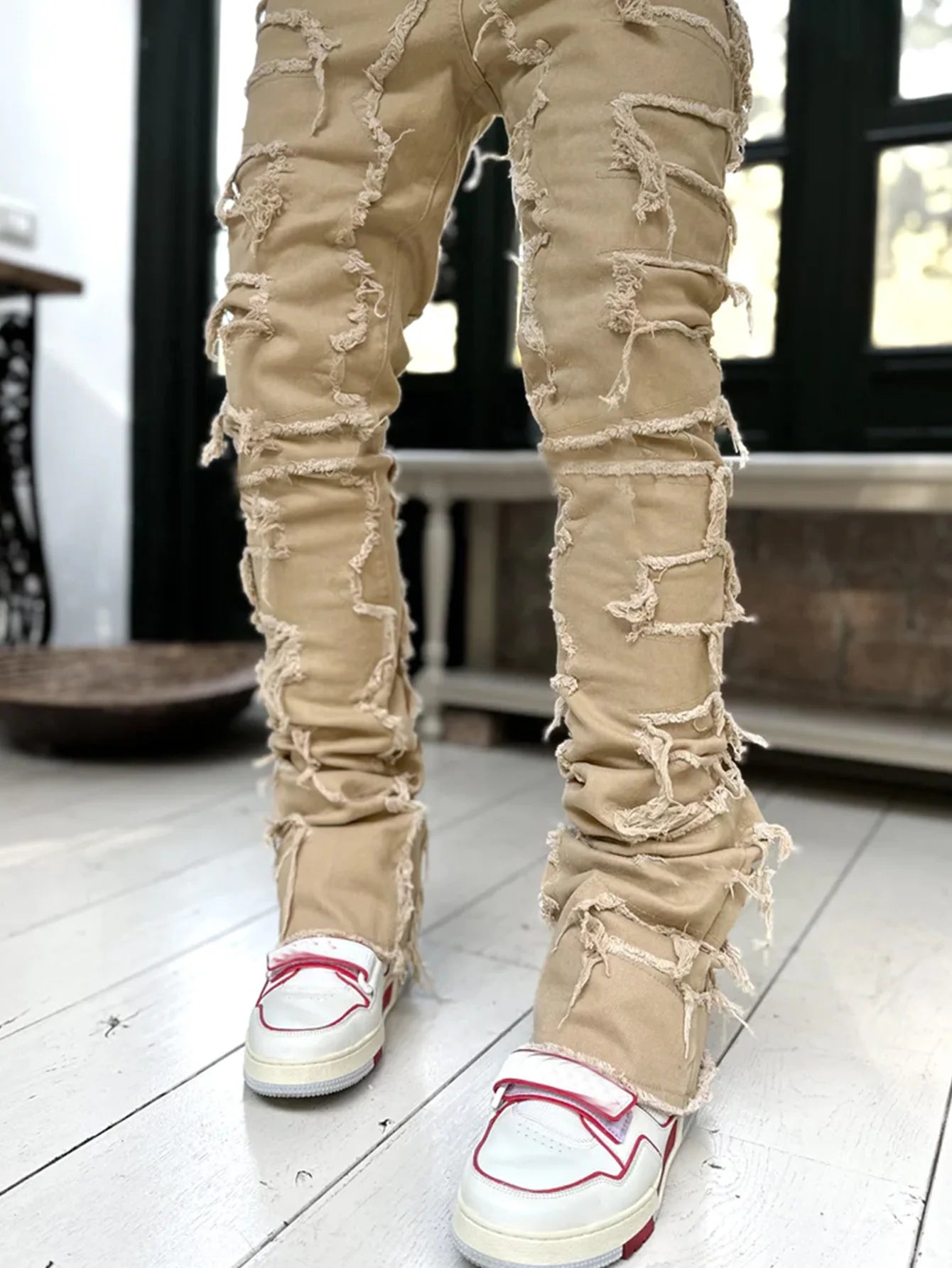 Men's Denim Straight Jeans with Tassels and Pockets