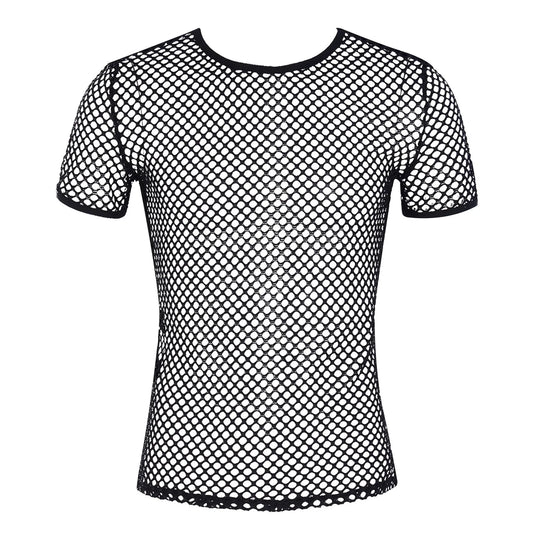 Mens T-shirt Tops Hollow Out Short Sleeve See Through Fishnet Mesh T-Shirts Round Neck Crisscross Back Performance Club wear
