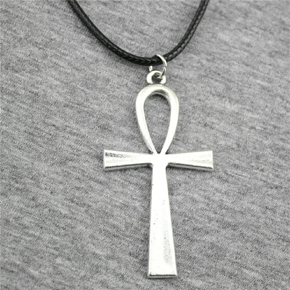 Ankh Cross Pendant Necklace Black Leather Chain Necklace