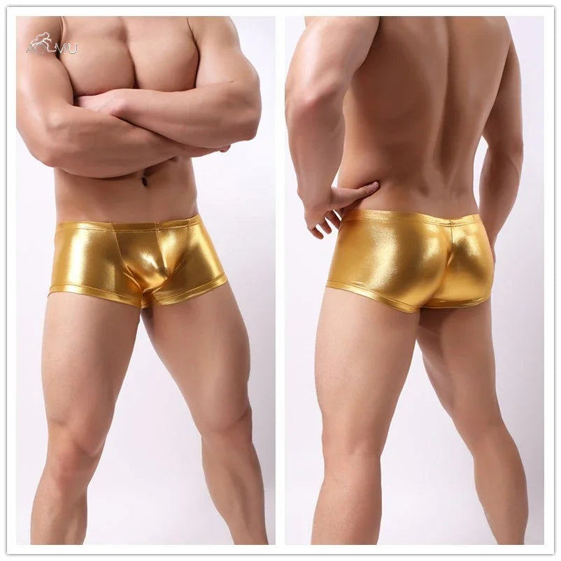 Men's Shiny Leather Boxer Shorts with U Convex Pouch