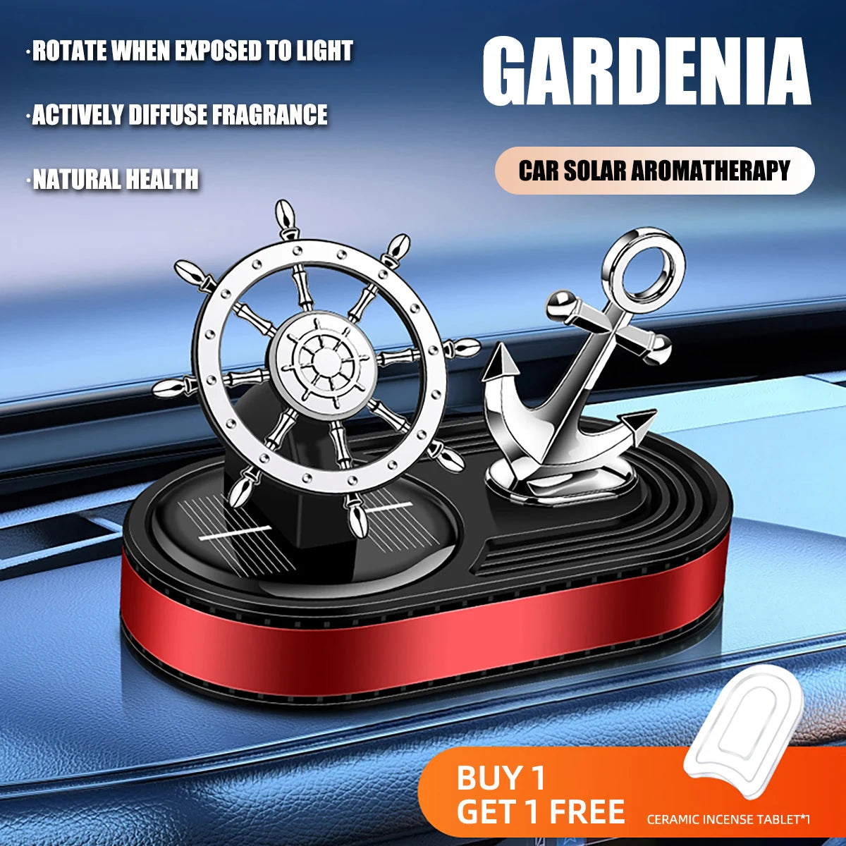 Anchor Car Air Freshener Solar Rotating Diffuser Red Blue Black