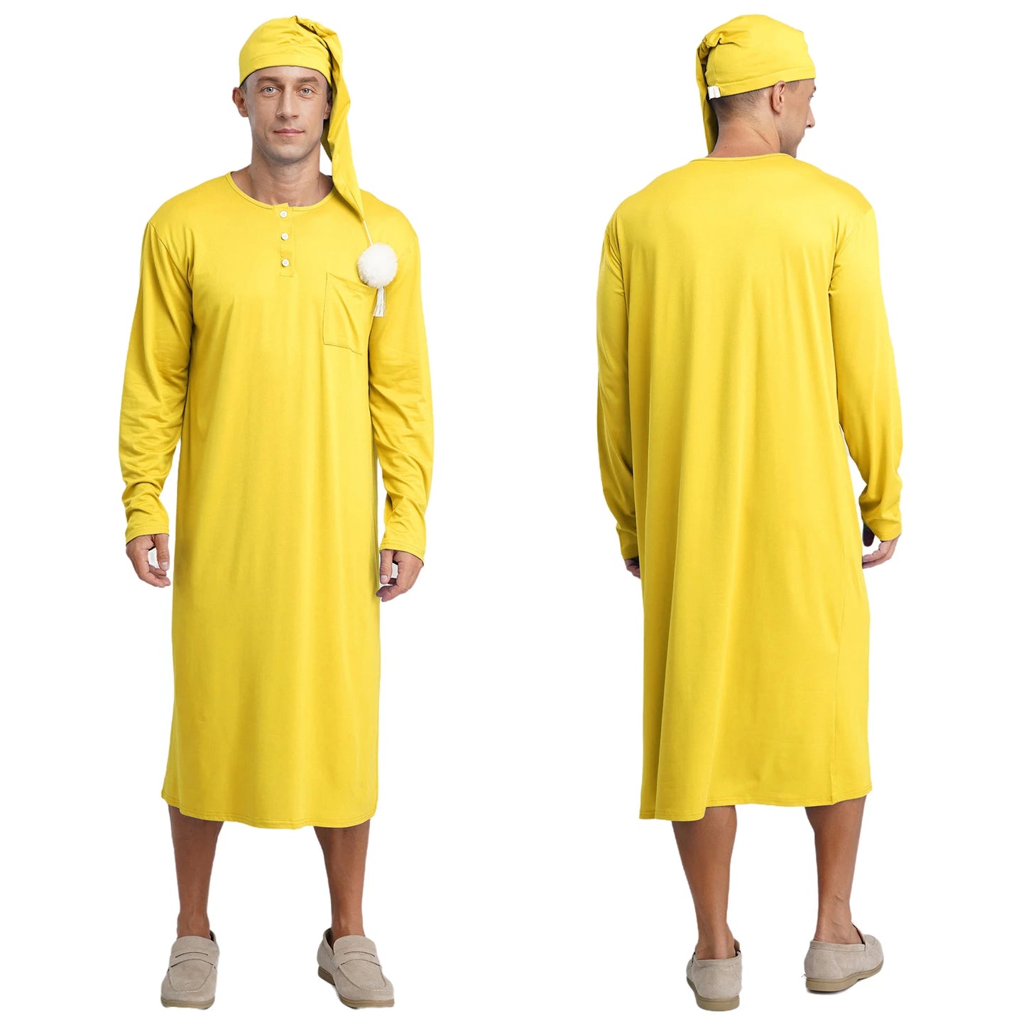 Mens Solid Color Long Sleeve Sleep Robe with Night Cap Round Neck Big & Tall Nightshirts Home Loungewear Pajamas Sleepwear