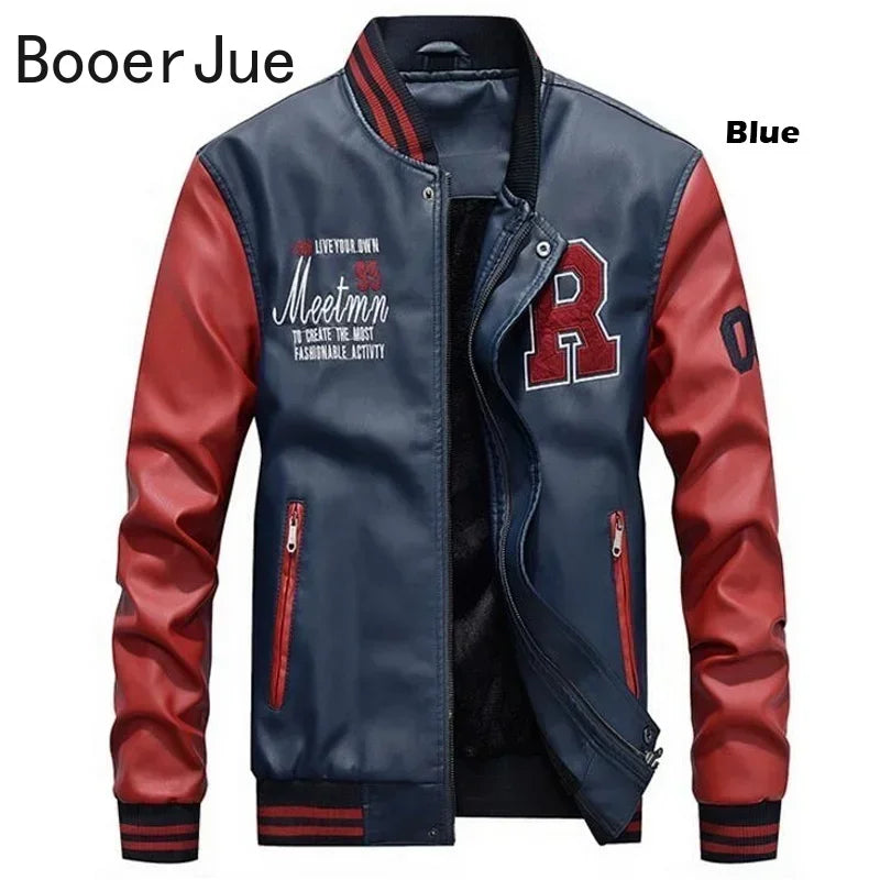 Bomber Jacket Men Leather Fleece Casual Zipper Coat