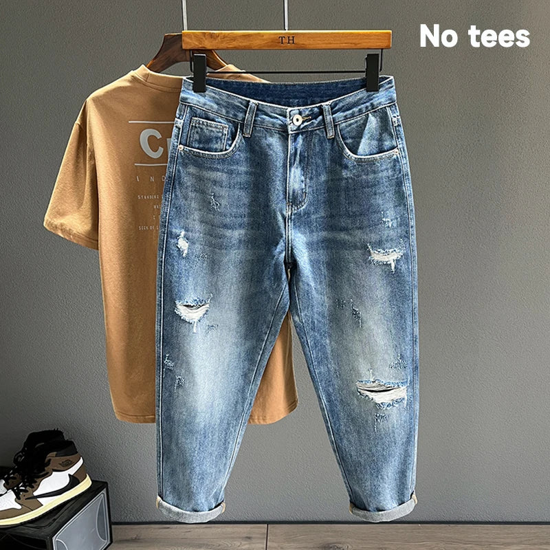 Vintage Blue Denim Ripped Jeans for Men Casual Streetwear