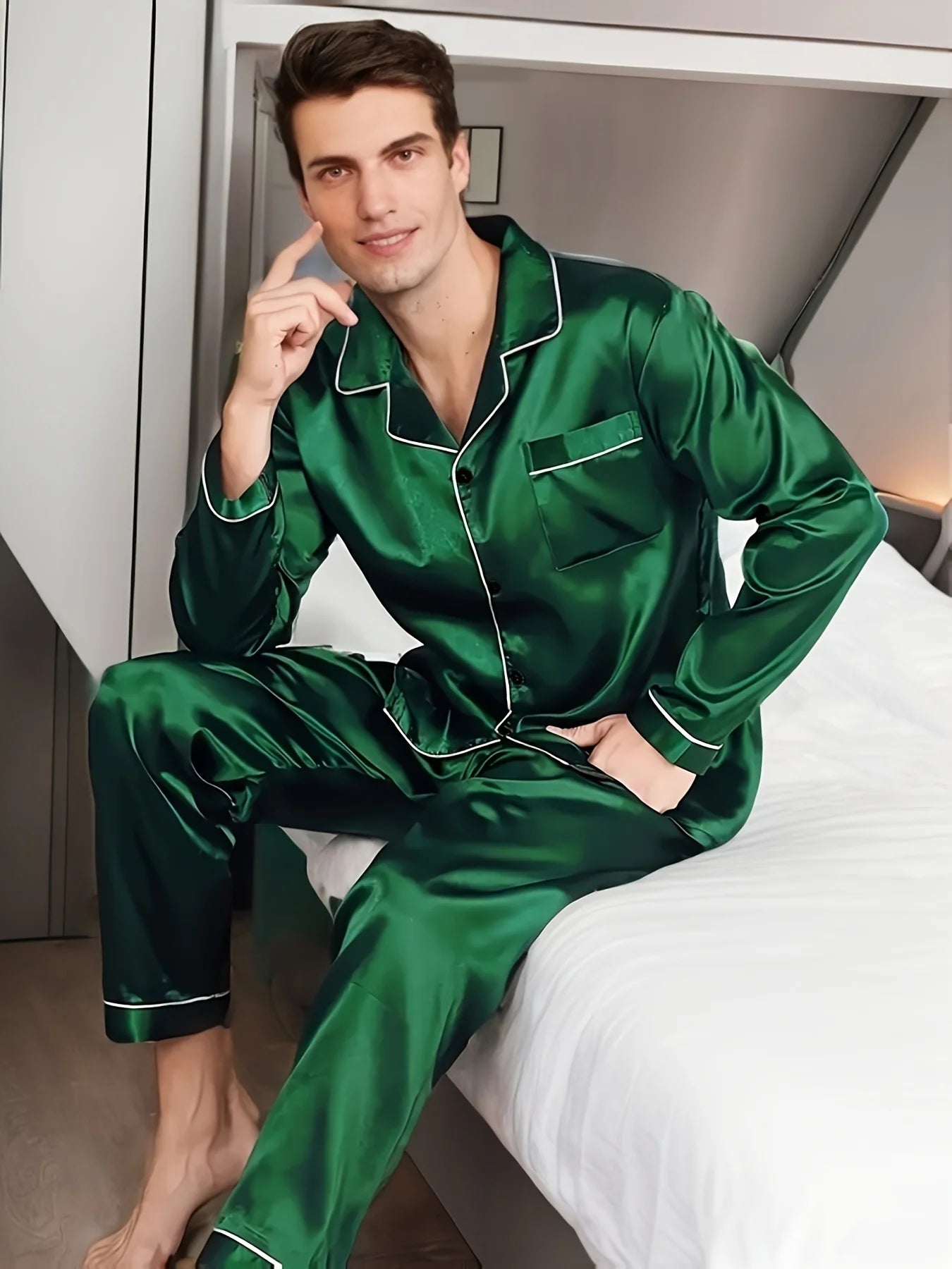 New Men Pajama Sets Sleepwear For Man Shirt Silk Long Sleeve Pyjama Male Sleeping Satin Home Night Wear Plus Size Loungewear