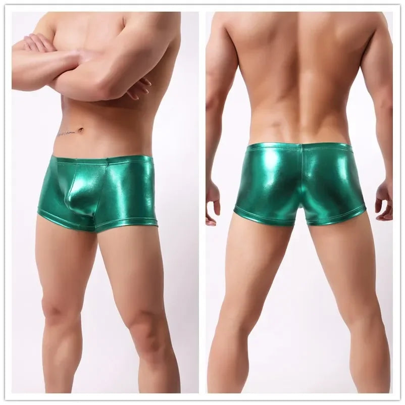 Men's Shiny Leather Boxer Shorts with U Convex Pouch