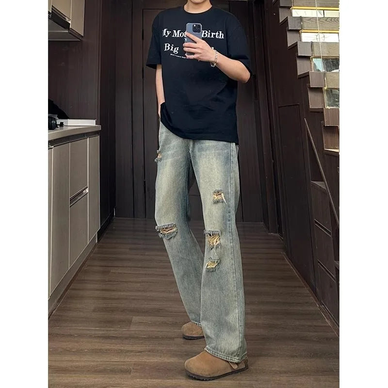 Men's Loose Fit Distressed Denim Jeans for Casual Wear