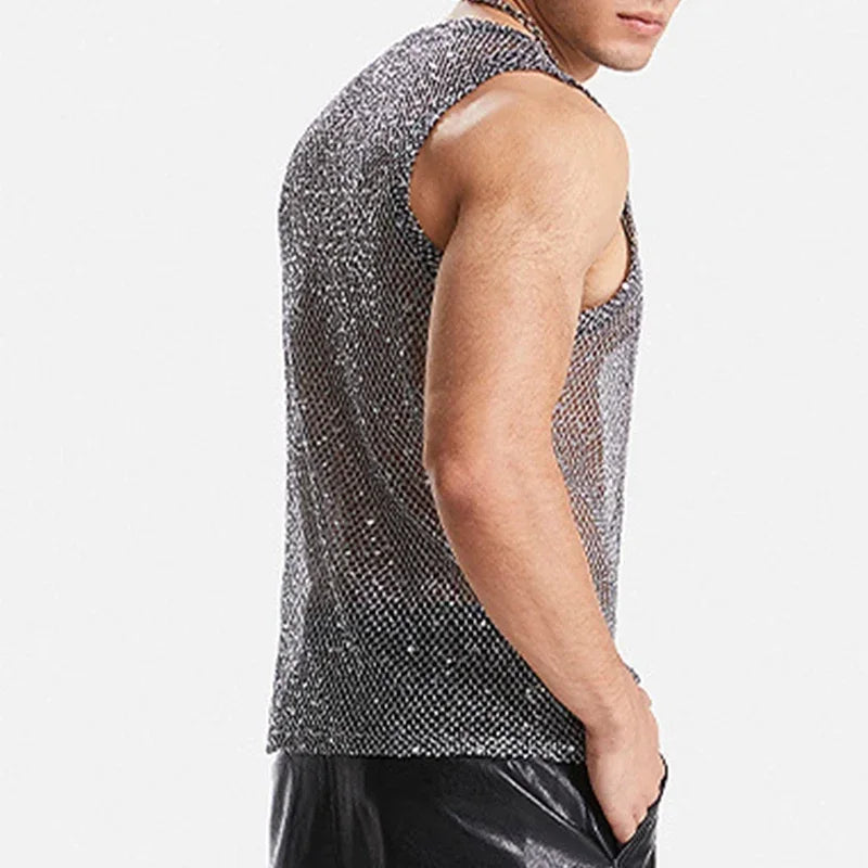 Nightclub Sexy Mens Tank Tops Mesh Sequin Glitter Hollow Out Transparent Vest Men Summer Fashionable Sleeveless Mesh Camisoles