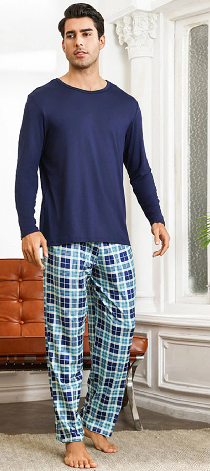 Men's Plaid Print Lounge Set Soft Long-Sleeve Round Neck Top And Pants Breathable Fabric Loose Fit Casual Homewear Loungewear