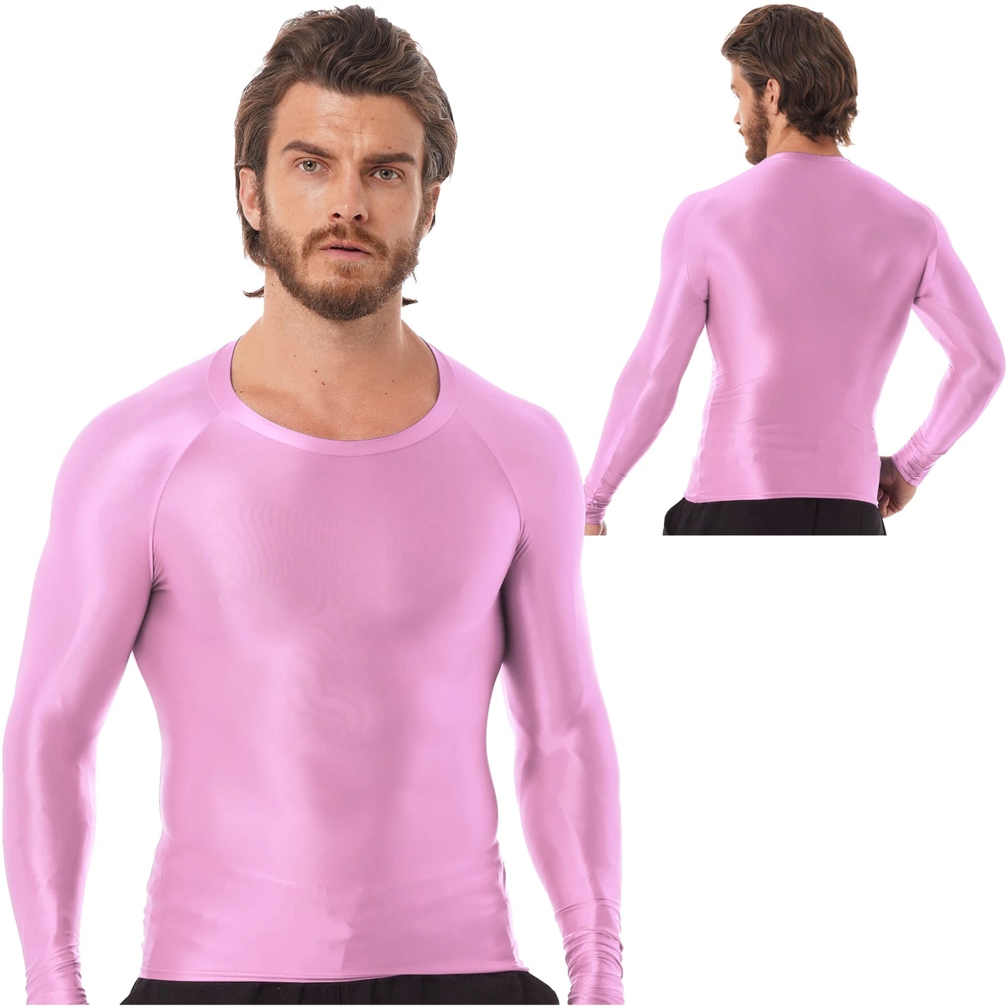 Mens Sports T-Shirts Tops Slim Fit Breathable T-Shirts Tops Glossy O Neck Long Sleeve Transparent T-shirt Running Undershirts
