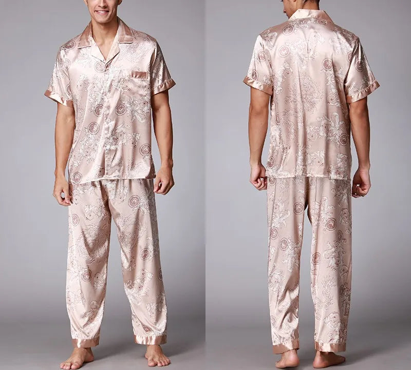 2026 Spring Summer Loungewear Short Sleeves Long Pants Pajama Set Men Printed Satin Silk Pyjamas Male Pajamas Household Clothes