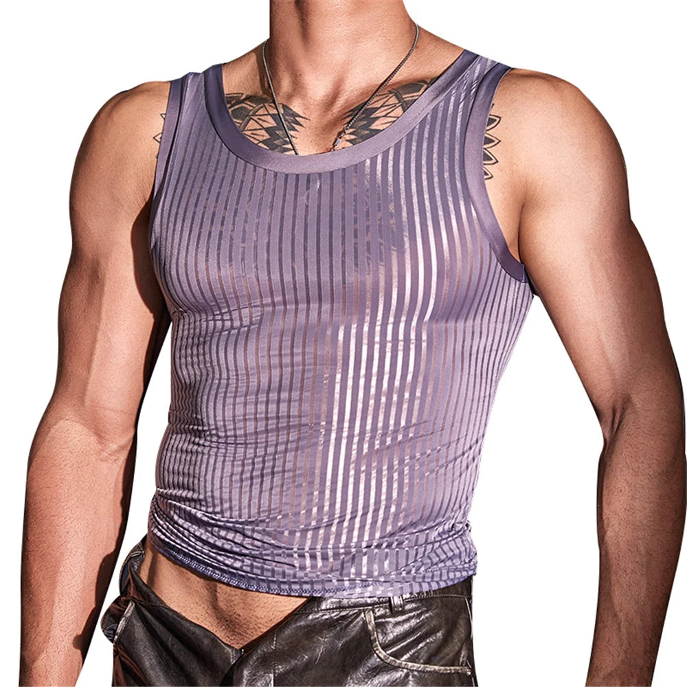 Sexy Men Oil Glossy Shiny Tank Tops Stripe Strap Vest Sheer See Through Fashion Top High Elastic Sleeveless Shirt
