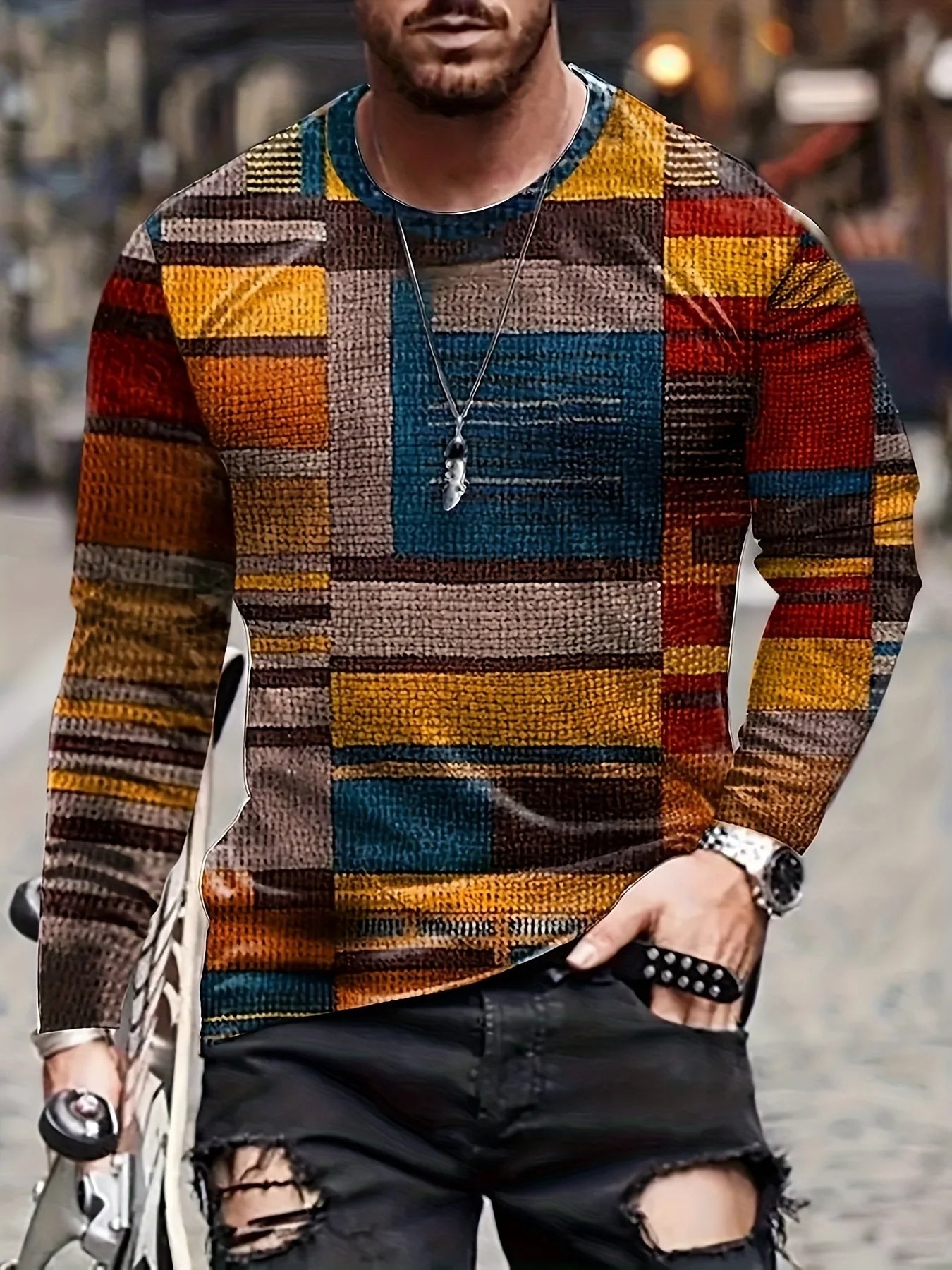 Men's Colorful Plaid Long Sleeve T-Shirt