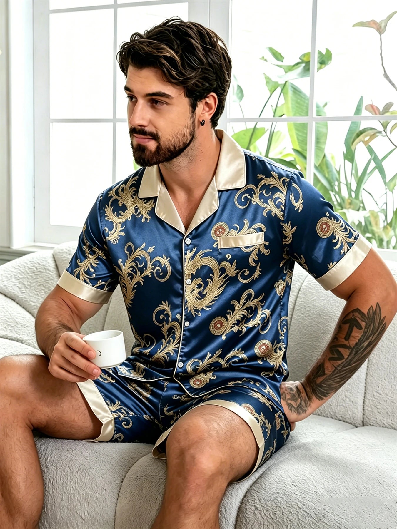 Nightwear for Men Pajamas Men's Satin Pajama Set Paisley Print Short Sleeve Button Down Loungewear Sleepwear Shorts Pijama Set