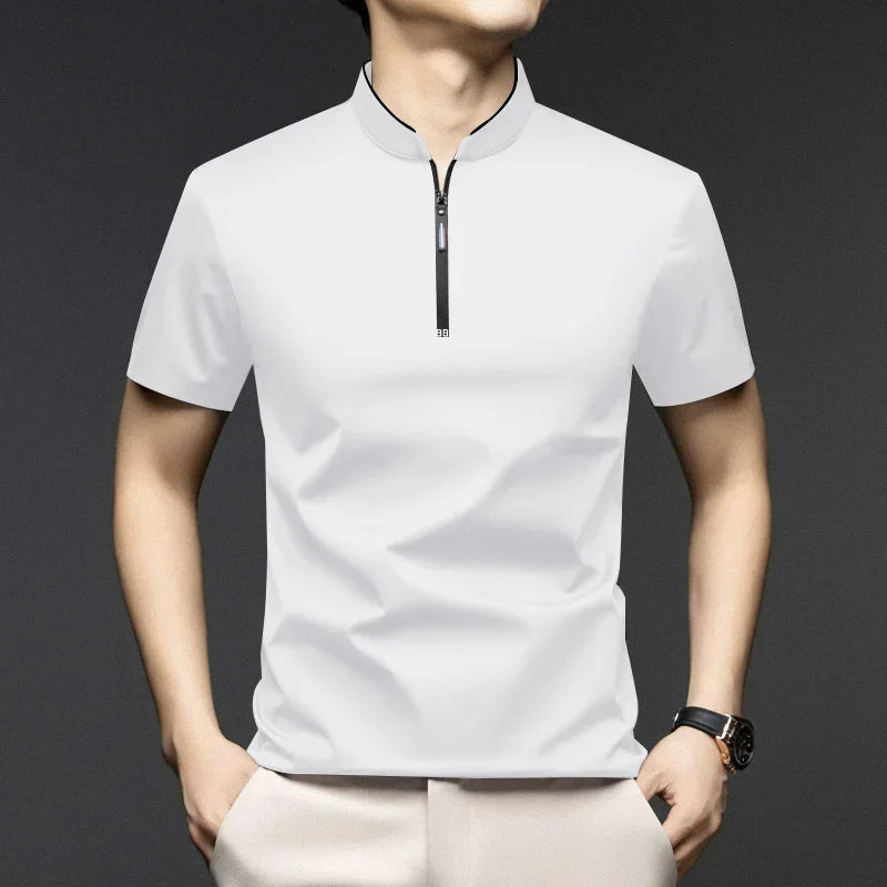 Men's Casual Zipper Polo Shirt in Solid Color