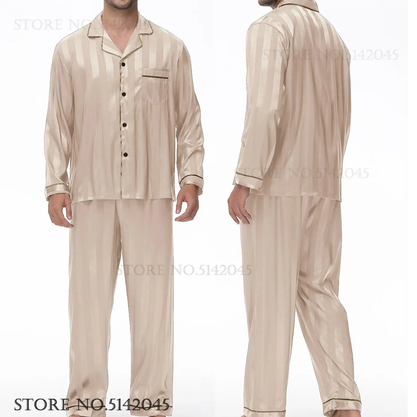 Men Pajamas Sleepwear 2PCS Set Navy Blue Stripes Long Sleeve Trouser Suits Home Clothes Male Loose Silk Satin Pijamas Loungewear