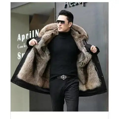 Winter Men Long Hooded Jacket High Quality Raccoon Fur Collar