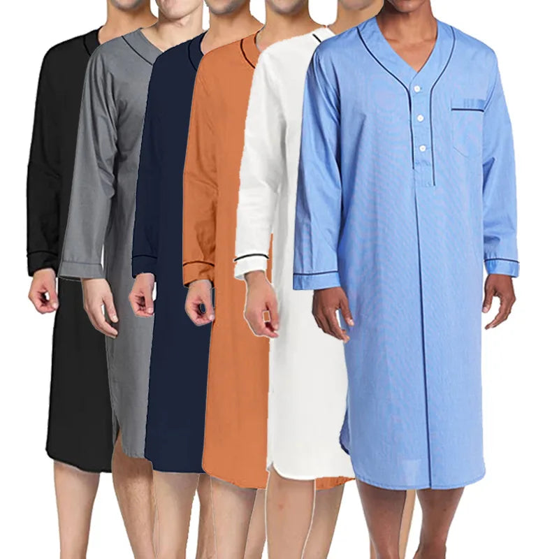S-3XL New Men's Sleep Tops Cotton Long Sleeve V-neck Loose Pajamas Leisure Nightgown Mens Nightshirts Male Sleepwear Loungewear