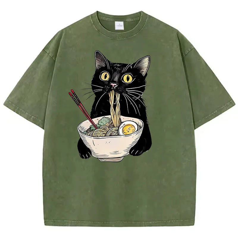 Black Cotton Cat Eating Ramen Graphic Tee