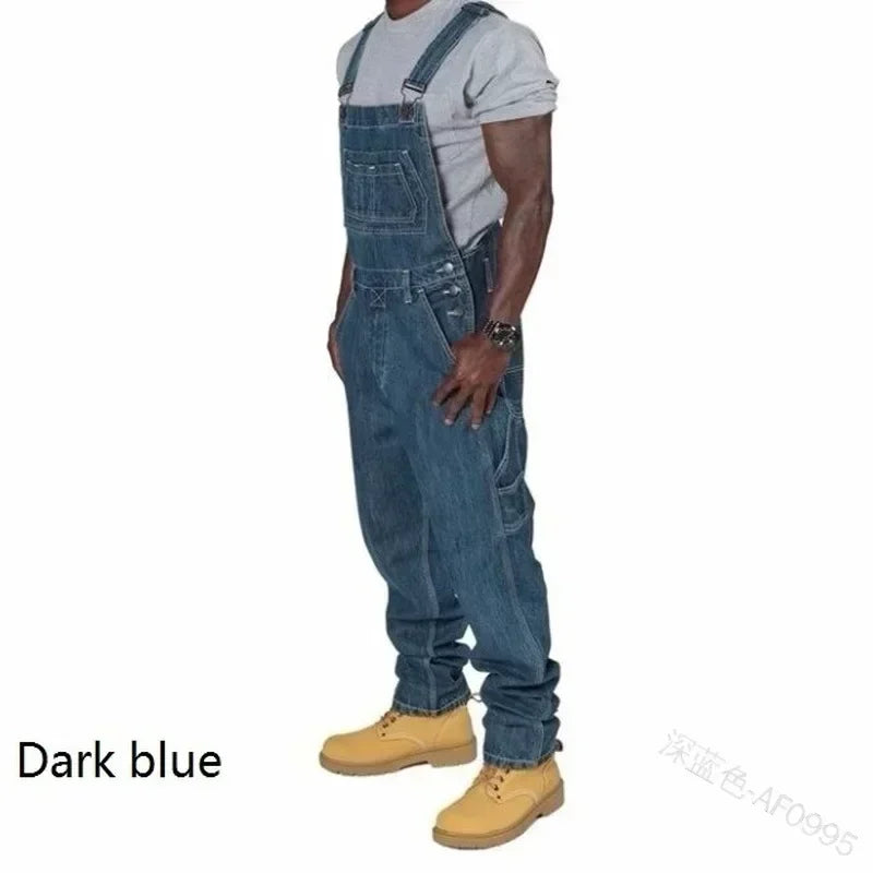 Casual Men’s Denim Overalls with Pockets and Elastic Waist