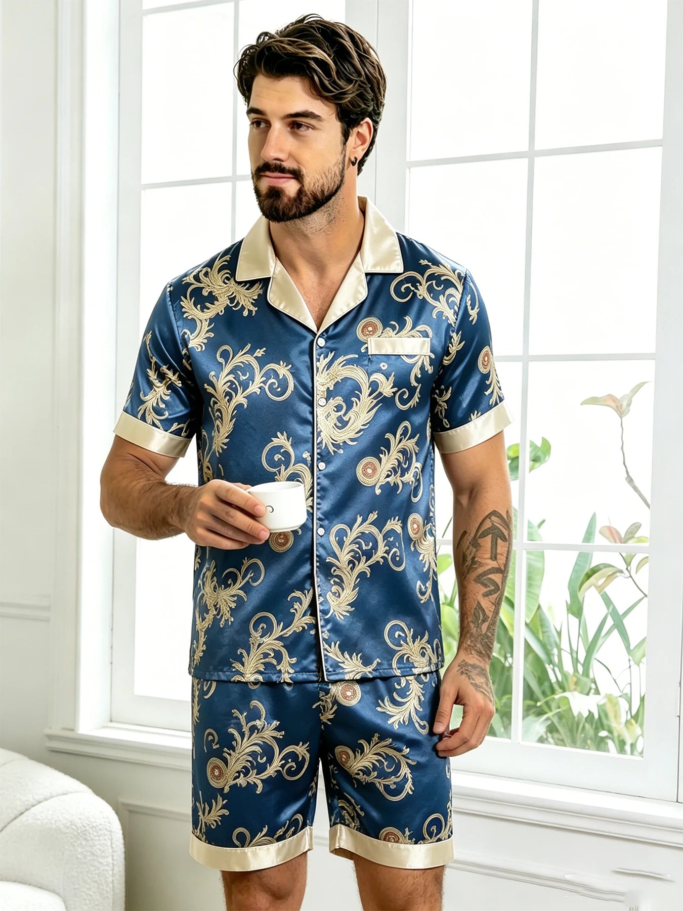 Nightwear for Men Pajamas Men's Satin Pajama Set Paisley Print Short Sleeve Button Down Loungewear Sleepwear Shorts Pijama Set
