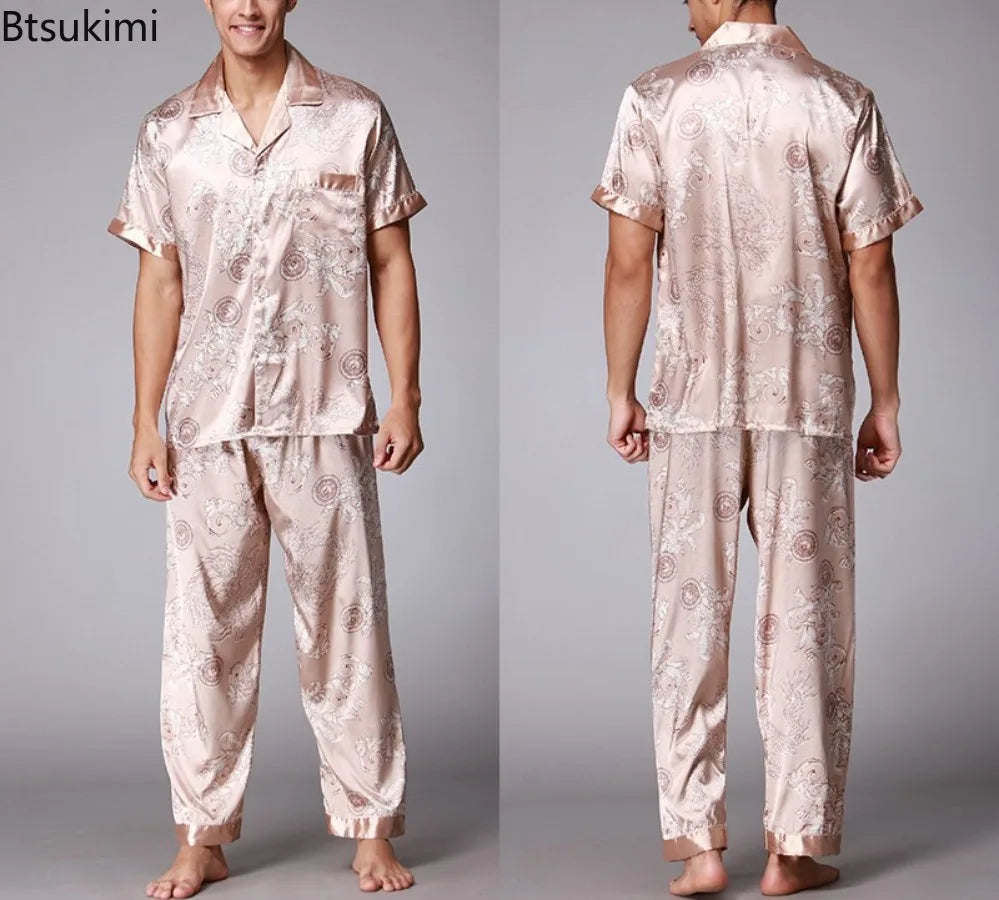 2026 Spring Summer Loungewear Short Sleeves Long Pants Pajama Set Men Printed Satin Silk Pyjamas Male Pajamas Household Clothes