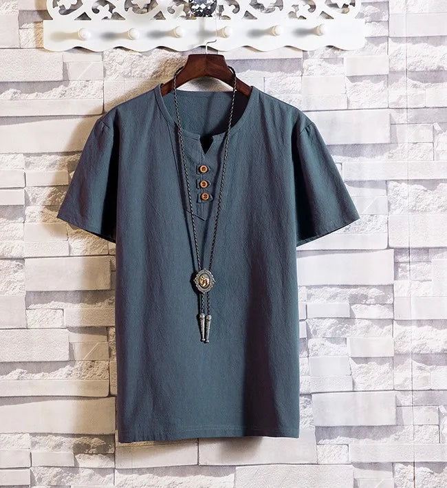Men's Casual V Neck Short Sleeve Linen T-shirt
