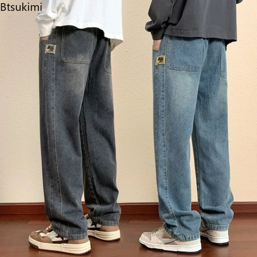 Men's Loose Fit Straight Leg Jeans in Blue Black Grey