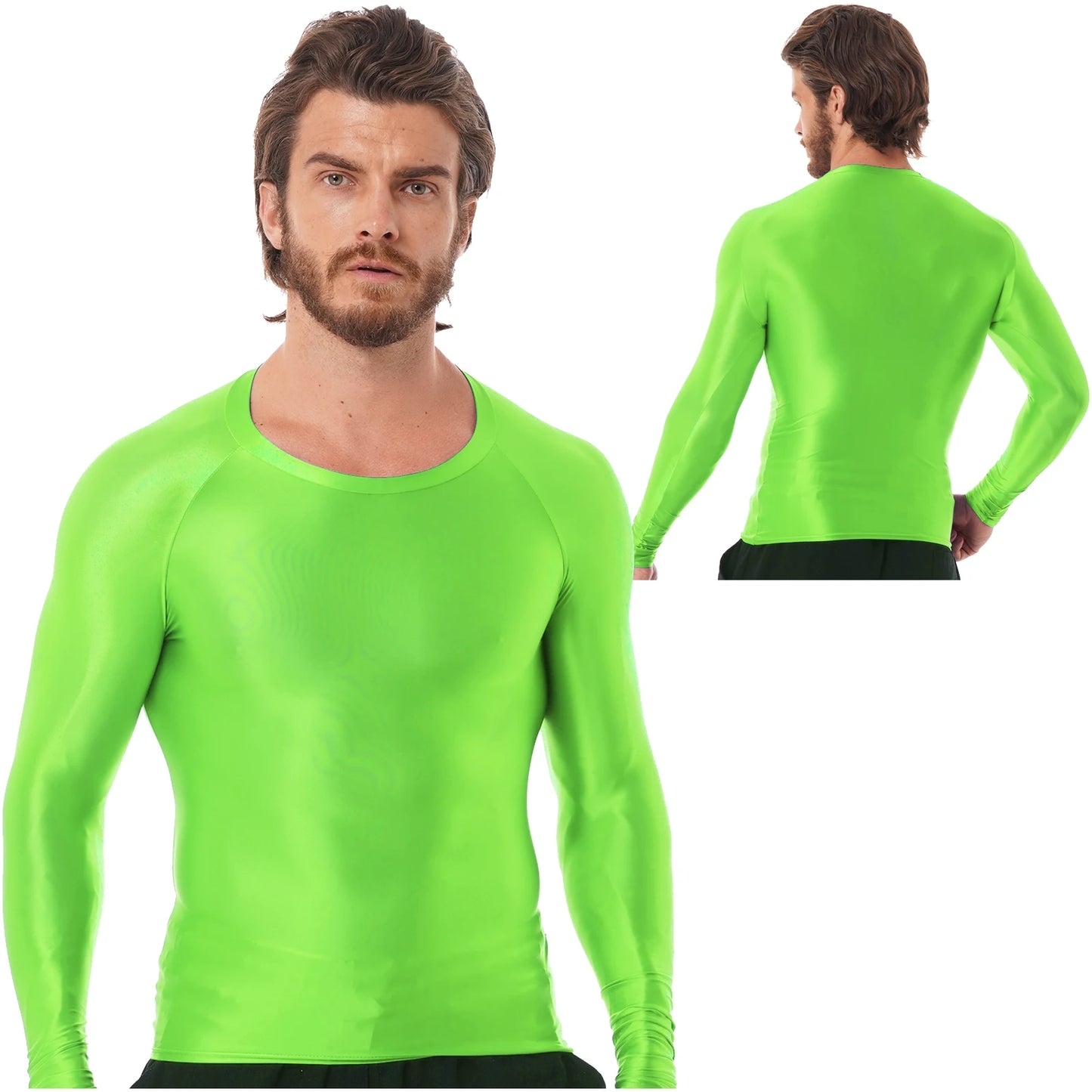 Mens Sports T-Shirts Tops Slim Fit Breathable T-Shirts Tops Glossy O Neck Long Sleeve Transparent T-shirt Running Undershirts