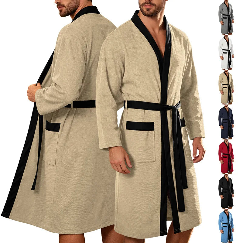 Men's Bathrobe Soft Nightgown Pajamas Robe Male Dressing Gown Mens Bath Robes With Belt Pockets Solid Sleepwear Home Clothes