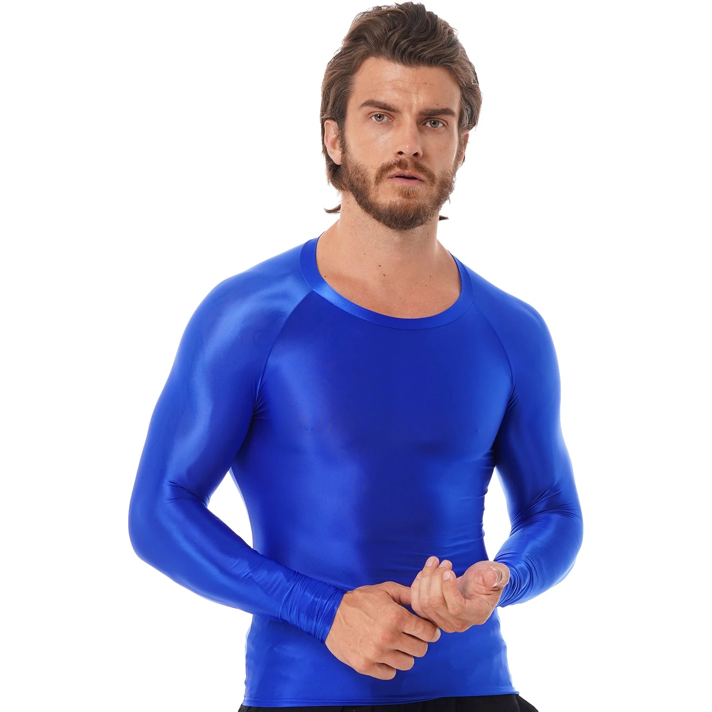 Mens Sports T-Shirts Tops Slim Fit Breathable T-Shirts Tops Glossy O Neck Long Sleeve Transparent T-shirt Running Undershirts