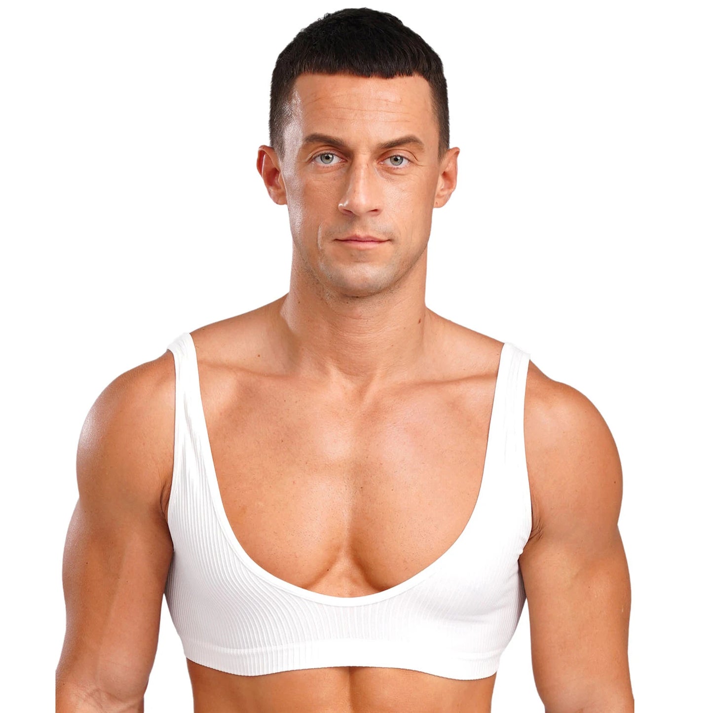 Mens Stretchy Muscle Tanks Top Deep V Neck Clubwear Sleeveless Ribbed Cropped Tops Male Gym Bodybuilding Fitness Sports Bra Vest