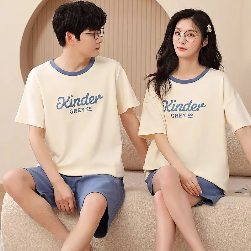 Couples Home Suit Women's Sleepwear Suit Man's Pajamas Set Cotton Short Sleeves Sleep Tops Shorts Pyjamas Nightwear Mujer Homme