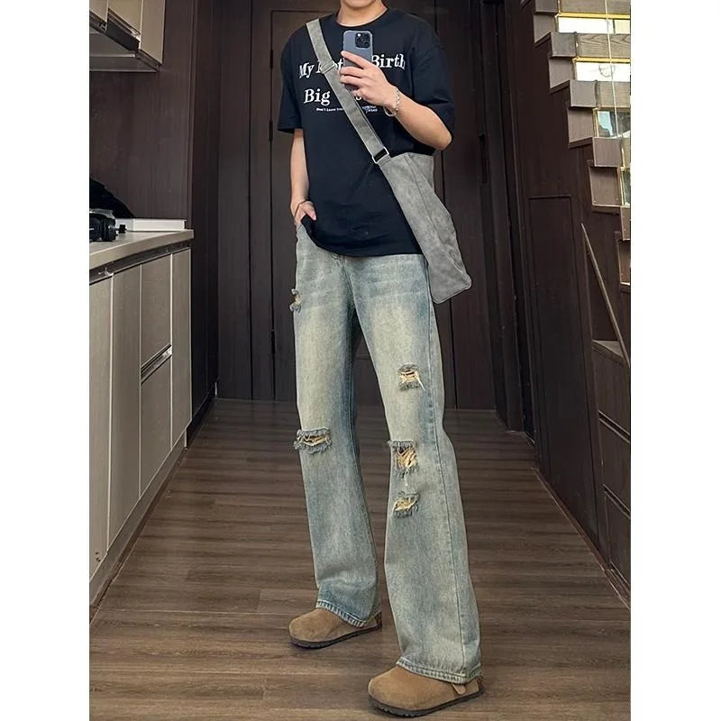 Men's Loose Fit Distressed Denim Jeans for Casual Wear