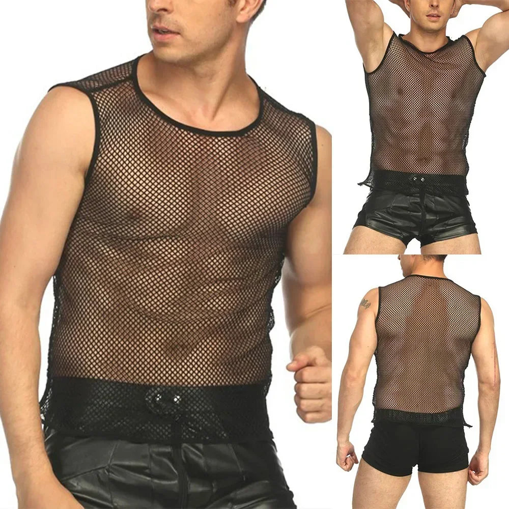 Mens Tank Top Mesh Erotic Hombre Fishnet Breathable String Vest Sleeveless See Through Slim Sport Solid Color Stretch Shirts