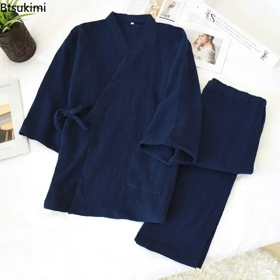 2026 Men's 100% Cotton Cotton Crepe Cloth Pajamas Sets Plus Size Loose V-neck Kimono Bathrobes and Pants Couple Lounge Sleepwear