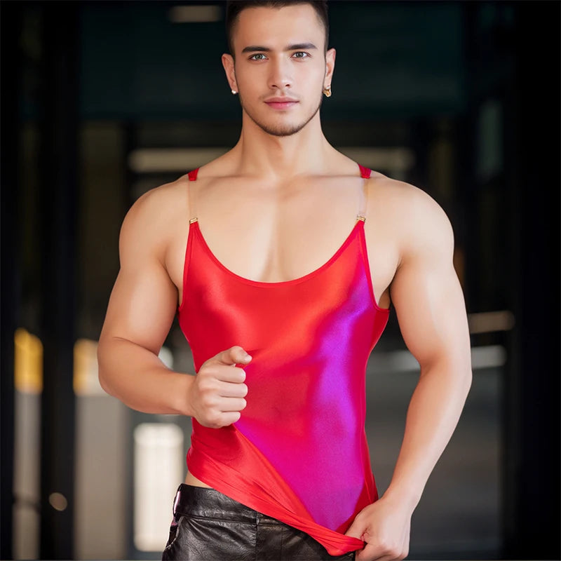 Mens Seamless Elastic Tops Oil Shiny Sleeveless Smooth Solid Tank Top Tights Male O-Neck Widely Applicable Running Undershirt