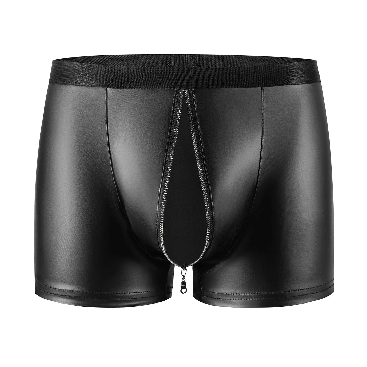Men's Black PU Leather Boxer Shorts with Zipper U Pouch