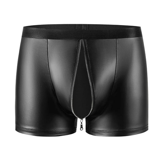 Men's Black PU Leather Boxer Shorts with Zipper U Pouch